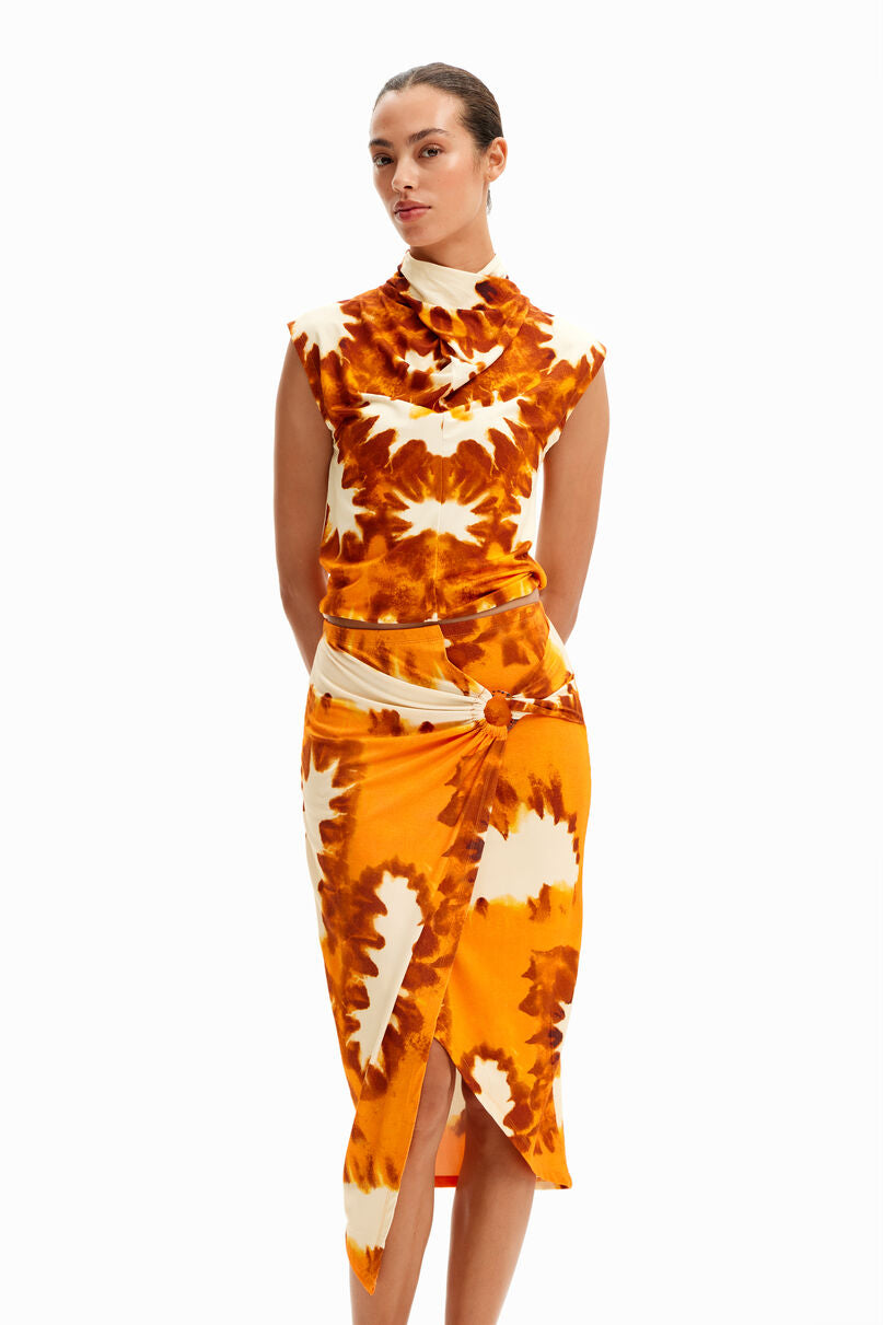 Tie-dye wrap midi skirt