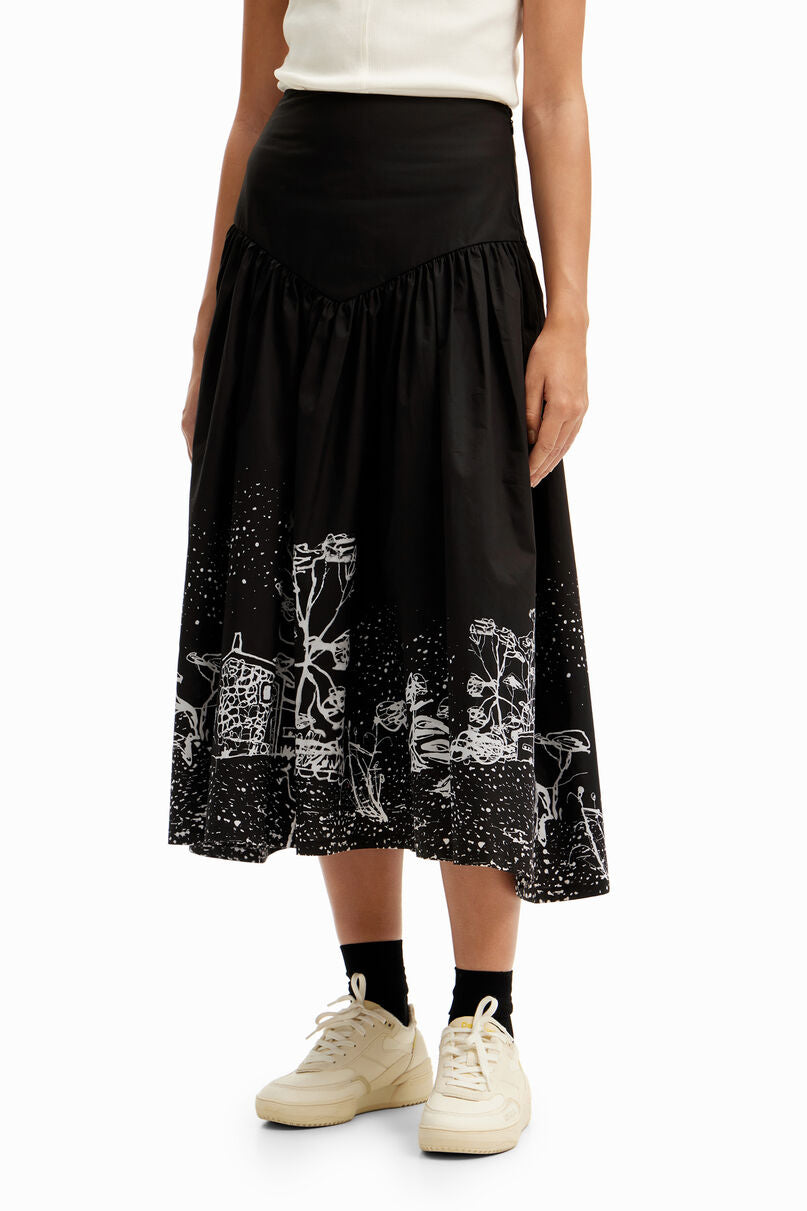 Poplin landscape midi skirt