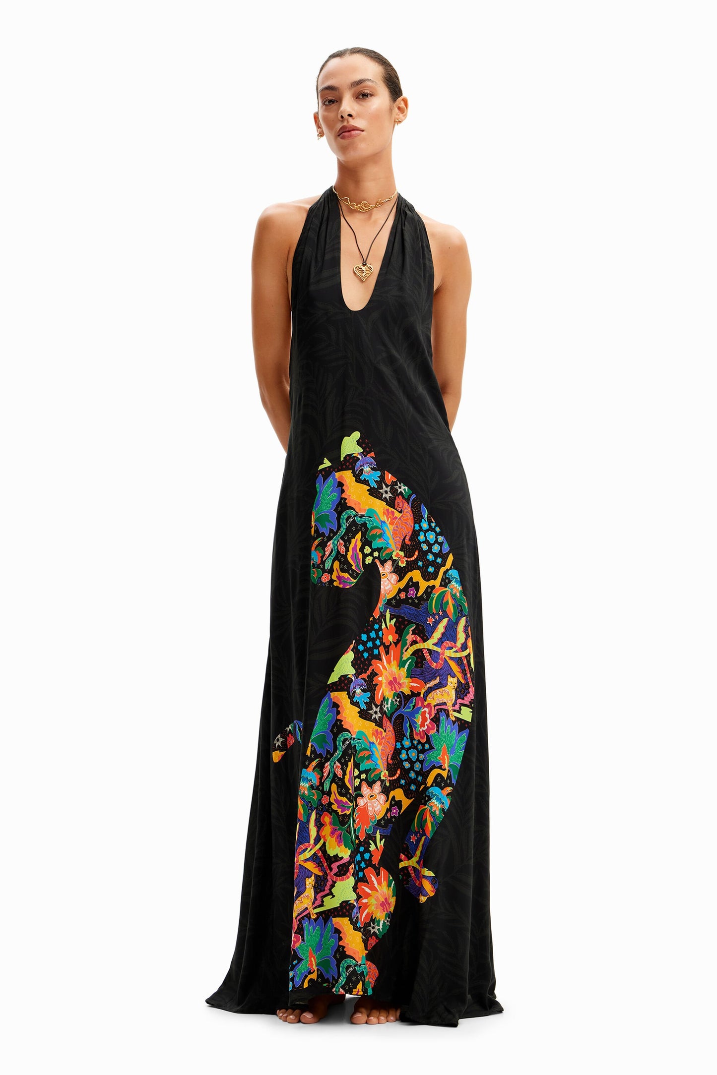 Jungle design maxi halter neck dress