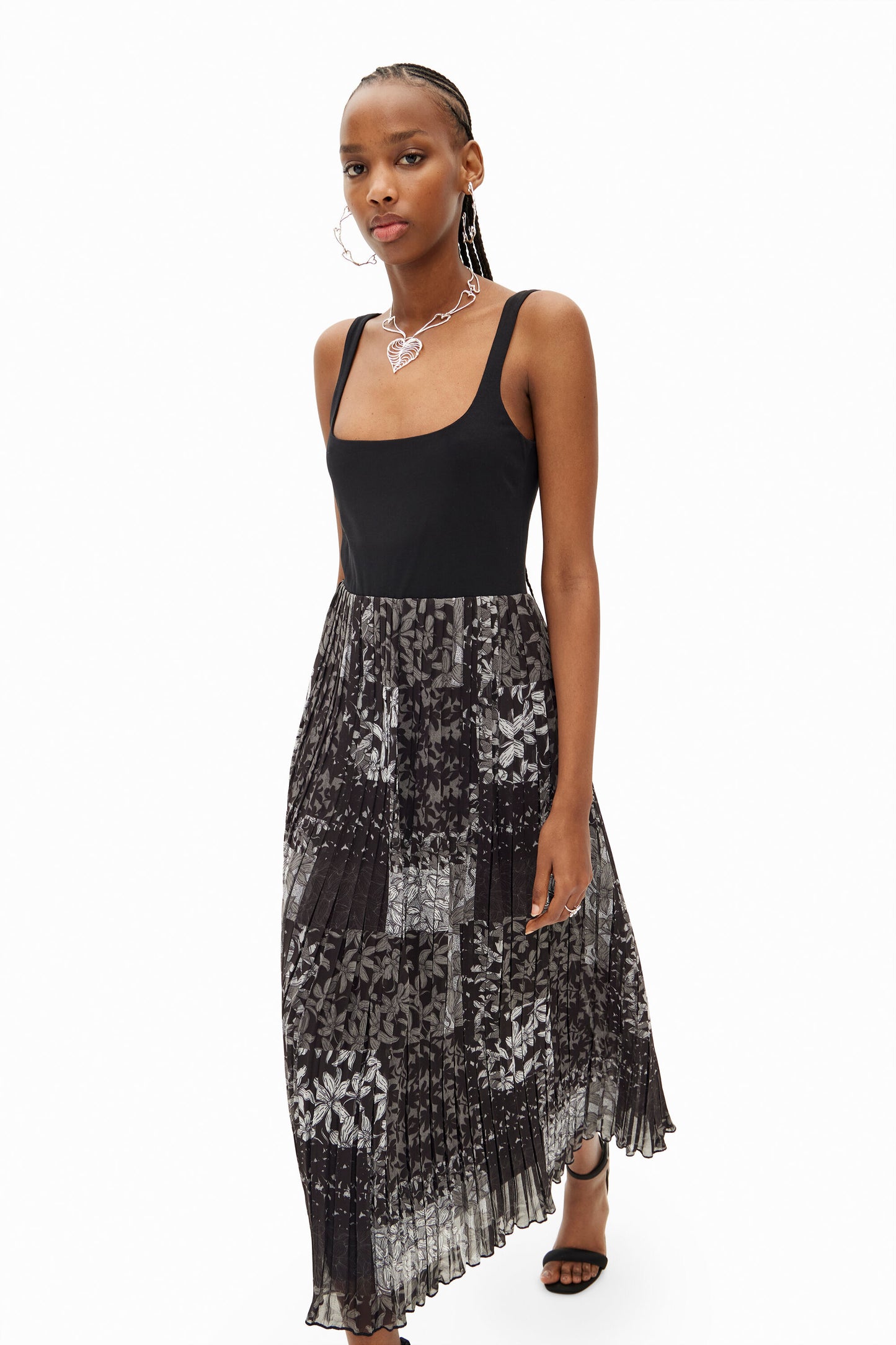 Pleated combination midi dress