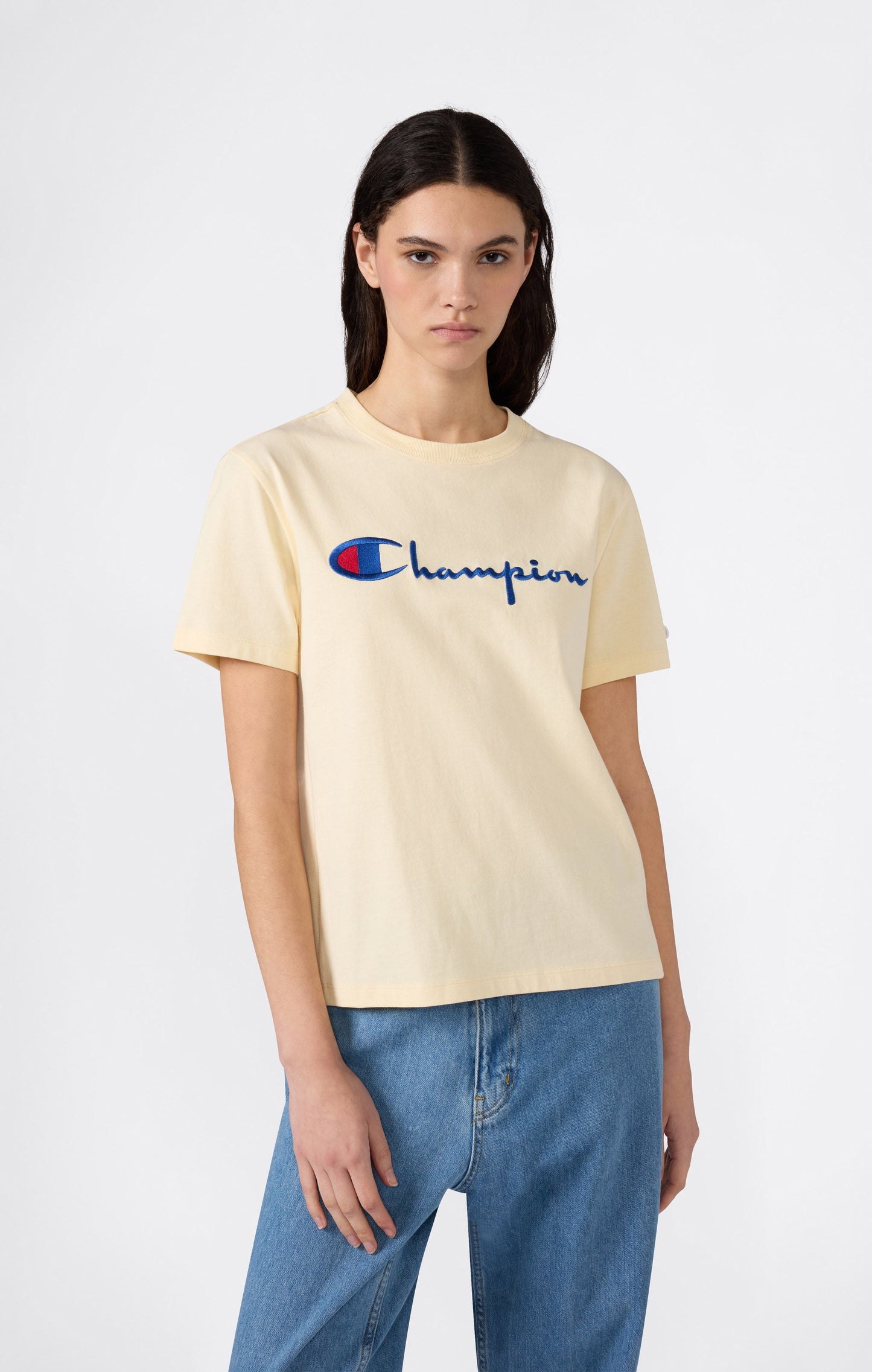 Women's Reverse Weave Crewneck T-Shirt with Embroidered Logo