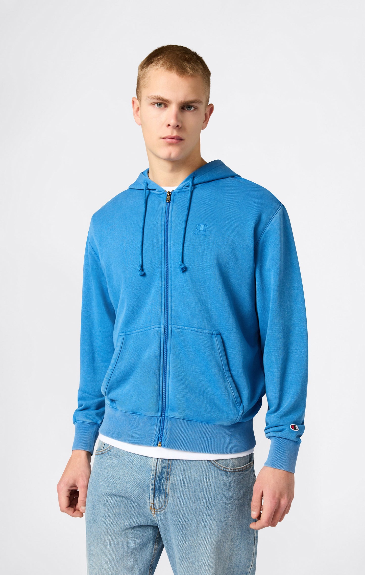 Men's Full Zip Hooded Sweatshirt with Embroidered Logo and Washed Effect Icons