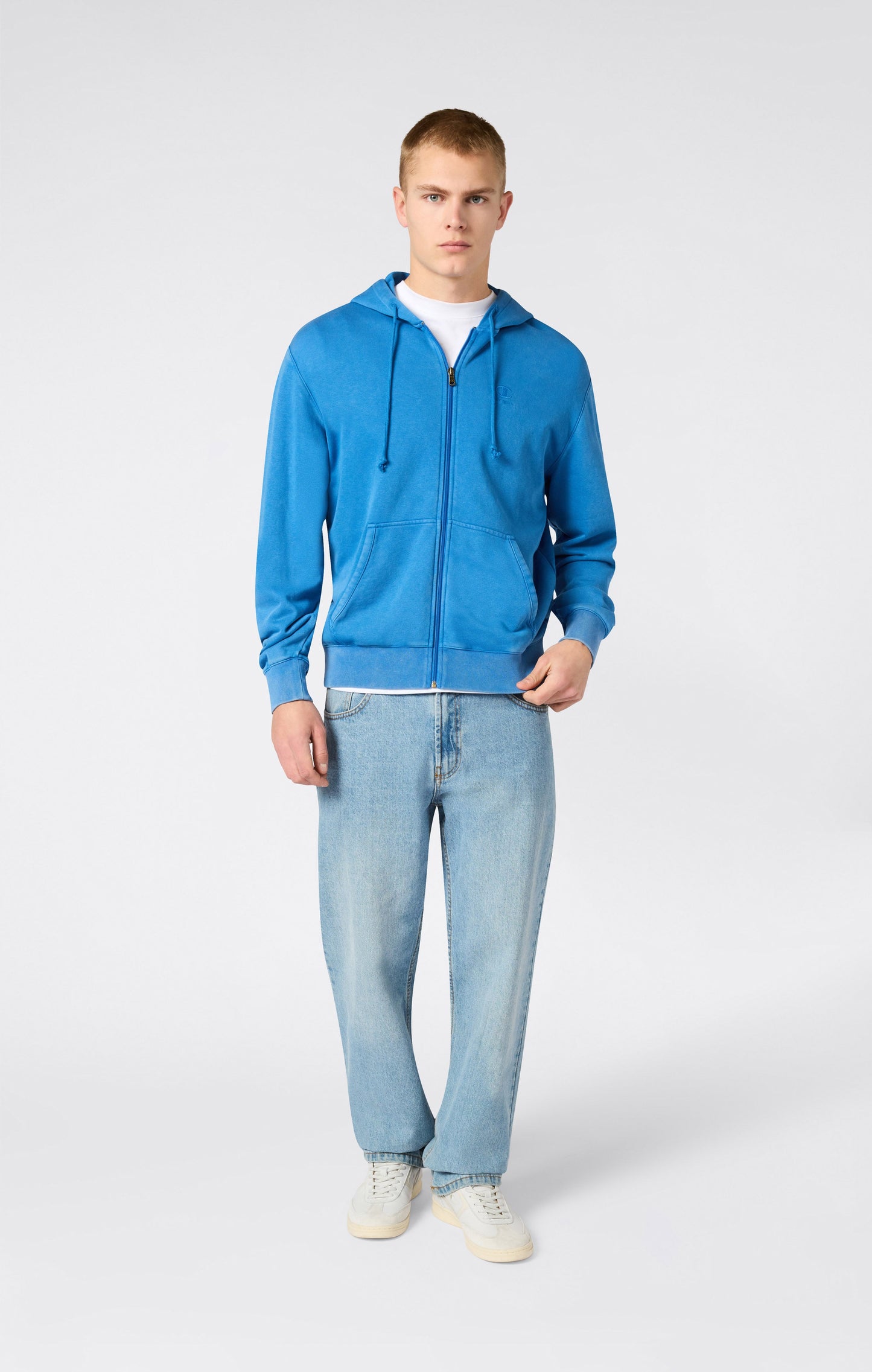 Men's Full Zip Hooded Sweatshirt with Embroidered Logo and Washed Effect Icons